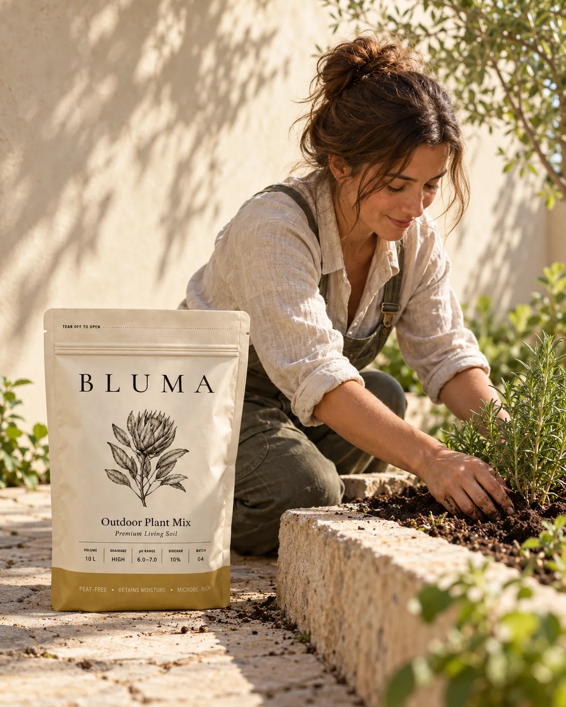 Planting a terrace bed, Outdoor Plant Mix on the ground alongside